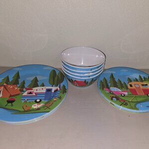 Melamine Dinnerware Set for 4. 12Pcs Camping Dishes Set RV Easy Stackable Picnic
